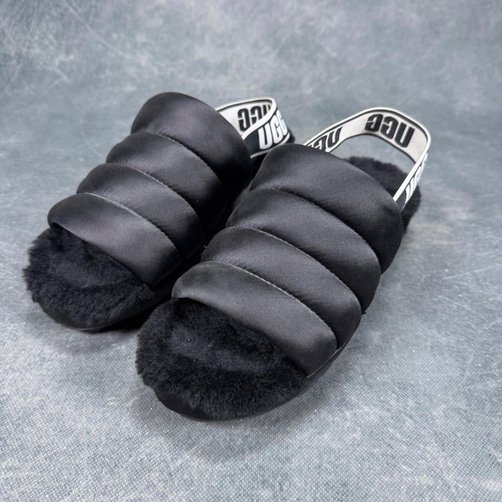 UGG Women's Puff Yeah Black Slides Sandals Fluff Padded Straps Size 8
